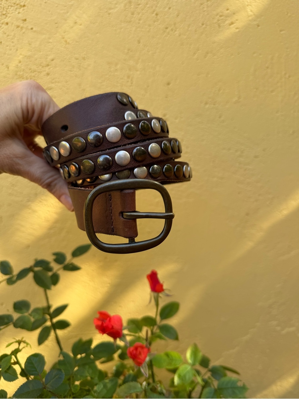 Liebeskind Brown Studded Leather Belt with Mixed Metal Rivets